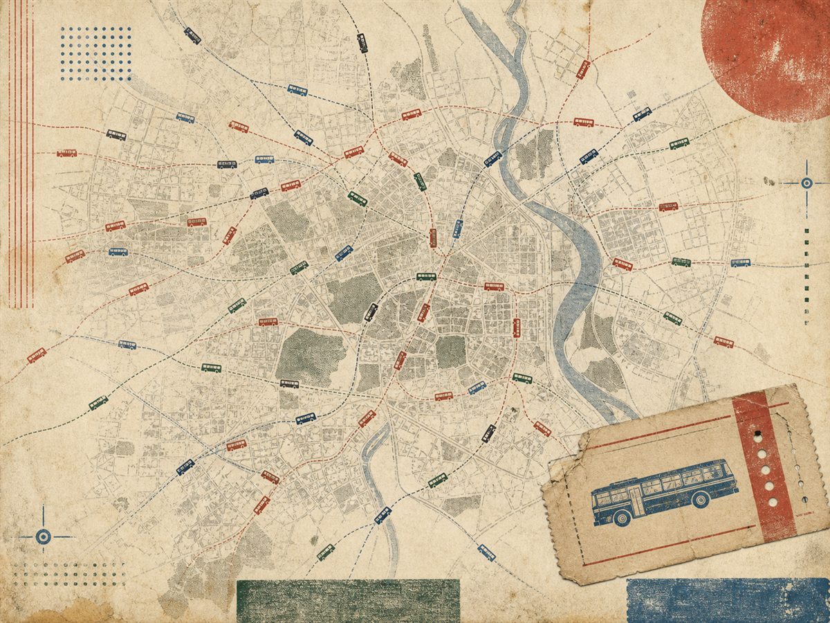 Small buses moving along routes on a faded historical map of Delhi