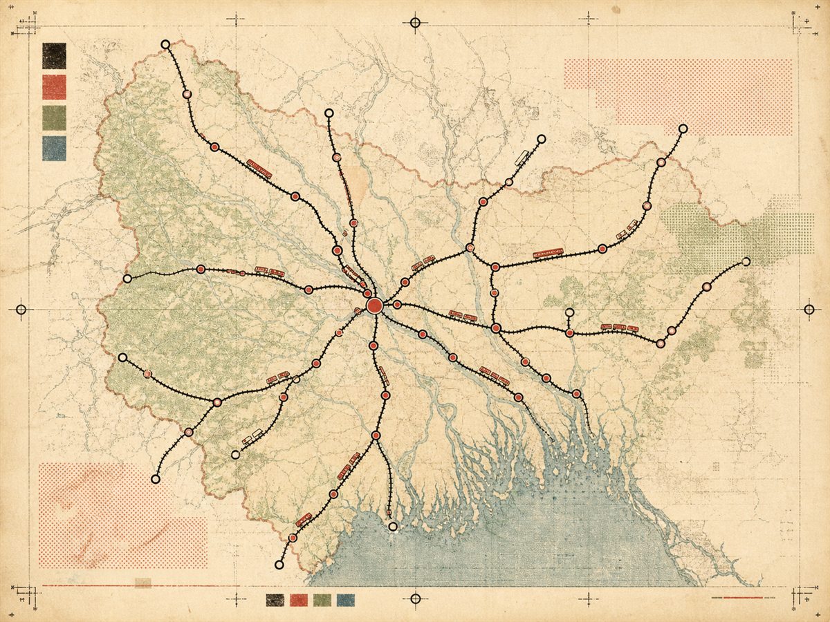 A branching railway network drawn over an archival map of Bengal