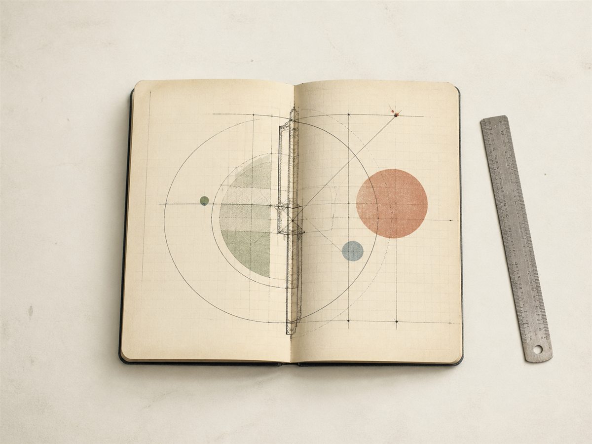 A field notebook containing a technical diagram beside a ruler
