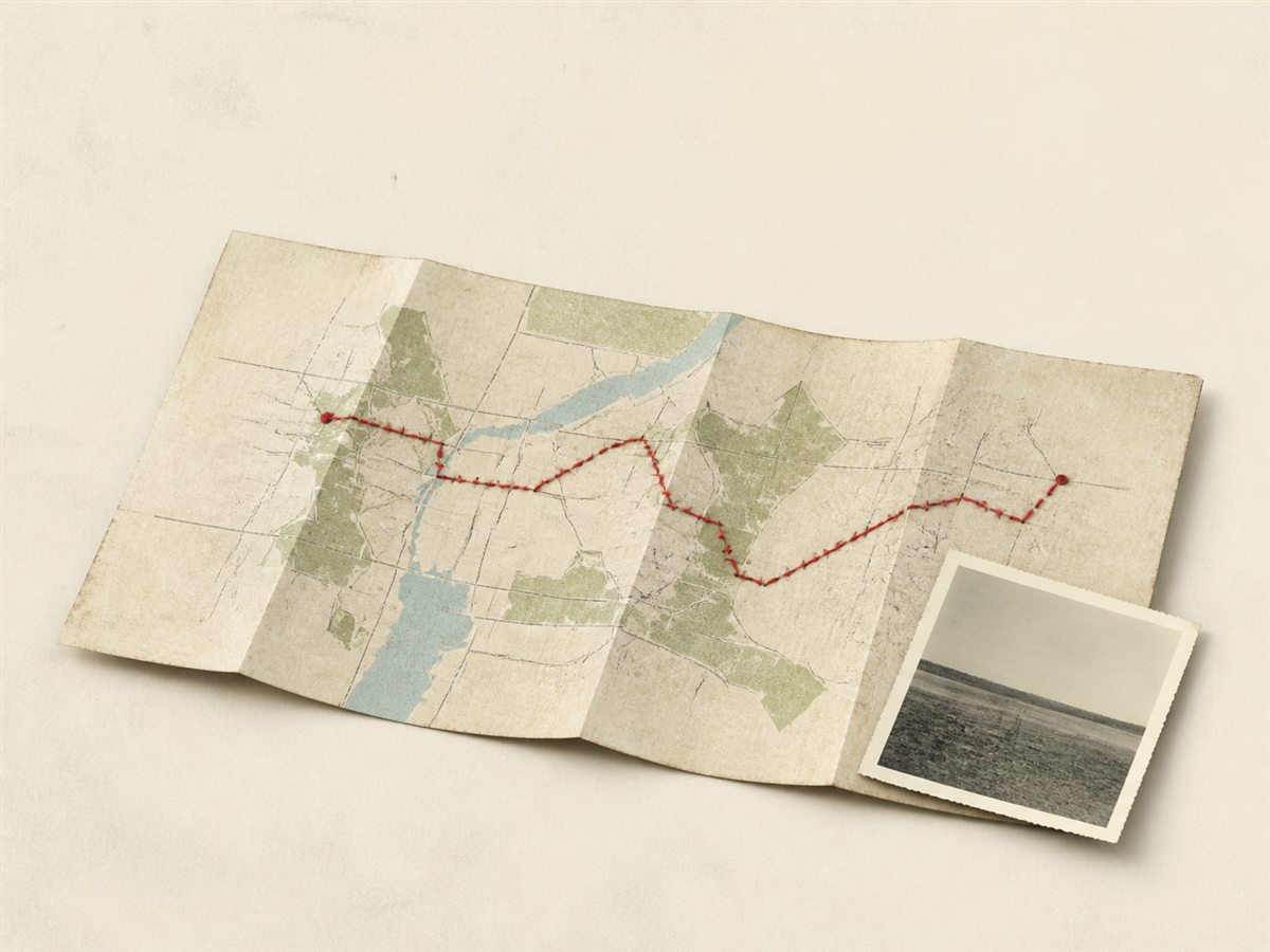 A folded map with a stitched route and one photograph