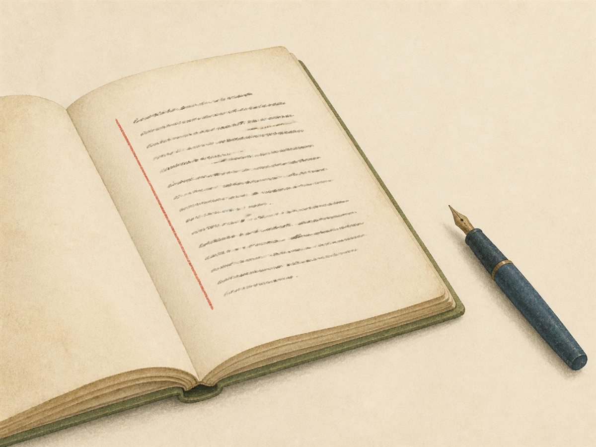 An open manuscript with one editorial mark and a fountain pen